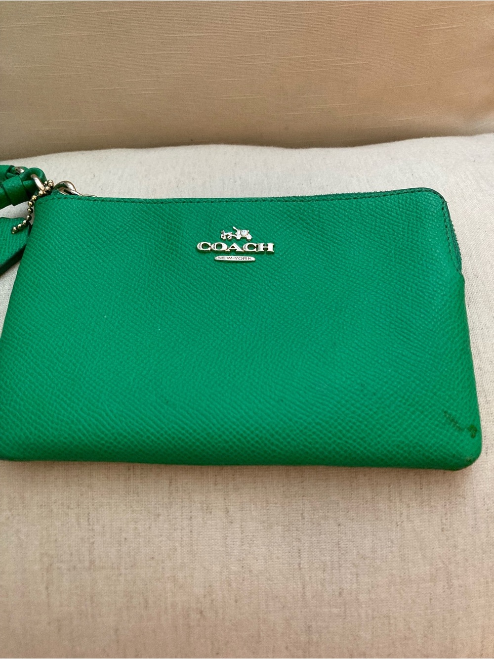 Coach Green Leather Wristlet with Logo Plaque